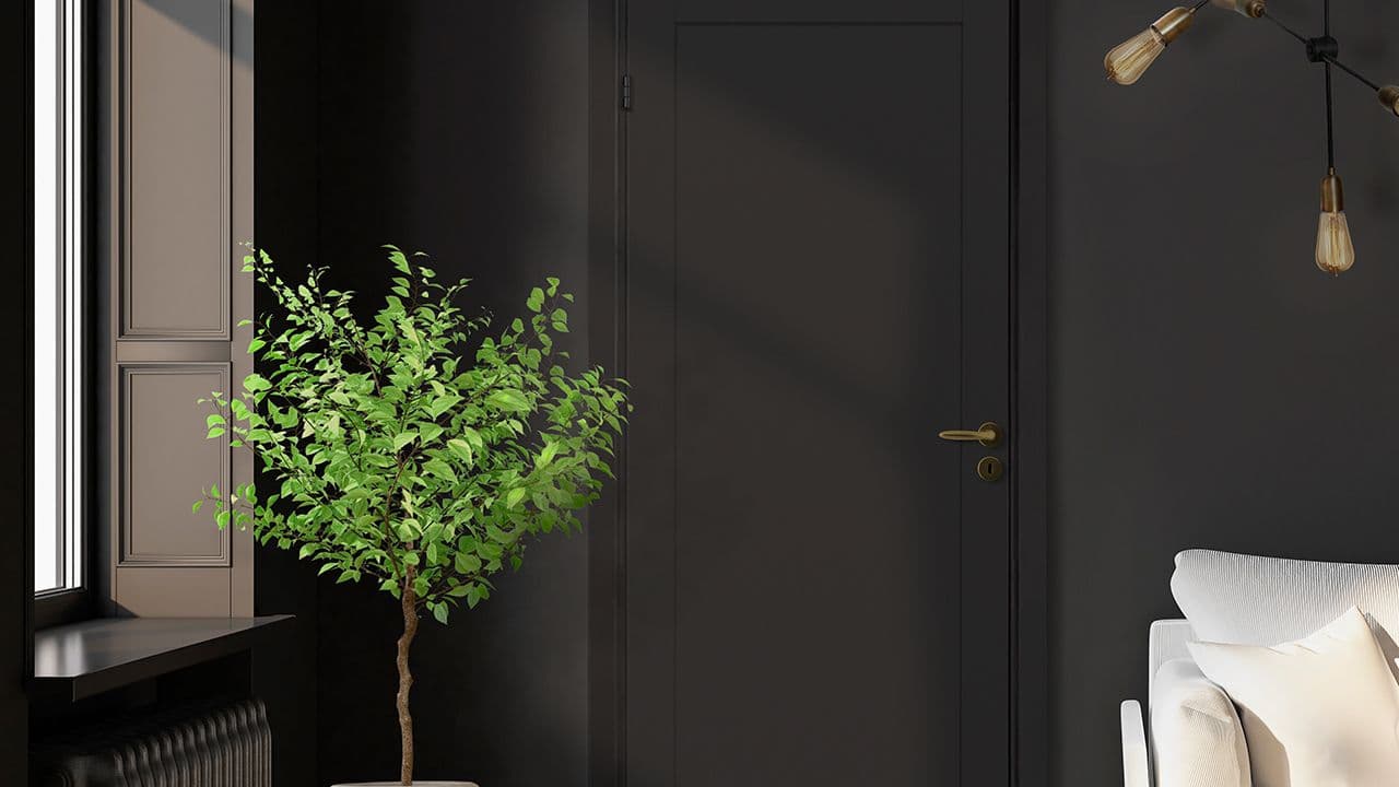Sort vegg med svart innerdør med detaljer i gull.