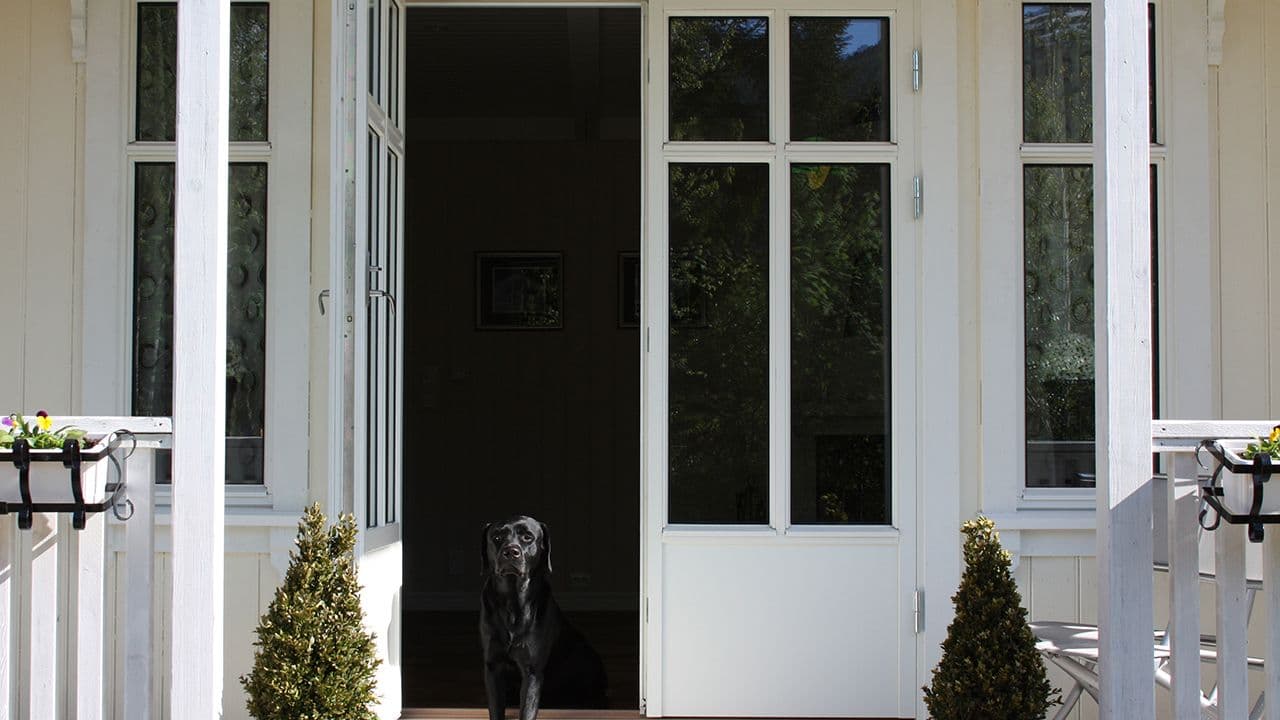 Hvitt hus med dobbel verandadør med sprosser.
