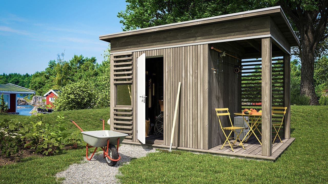 Hagebod med sitteplass som er bygget med bod byggesett fra Talgø.